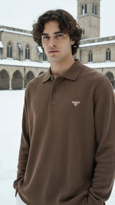 Prada Erkek Kahverengi Nervürlü Uzun Kollu Polo Yaka Sweat