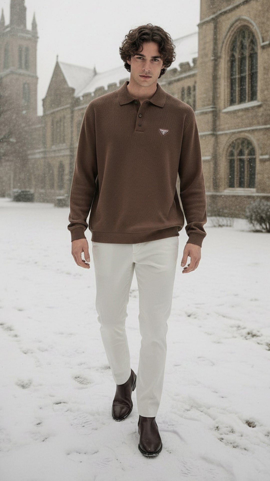 Prada Erkek Kahverengi Nervürlü Uzun Kollu Polo Yaka Sweat