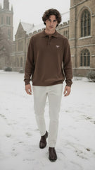 Prada Erkek Kahverengi Nervürlü Uzun Kollu Polo Yaka Sweat