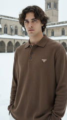 Prada Erkek Kahverengi Nervürlü Uzun Kollu Polo Yaka Sweat