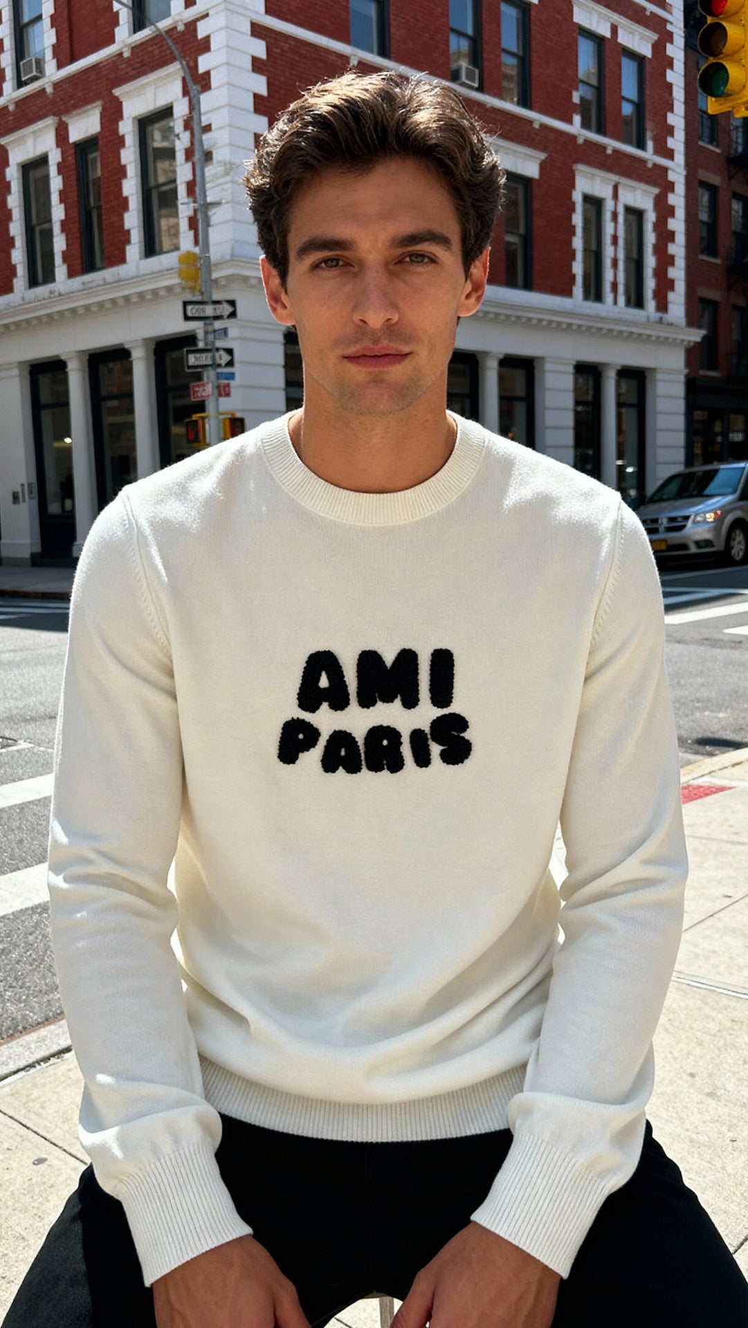 Ami Paris Erkek Beyaz Logo Yazılı Triko Kazak