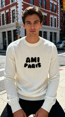 Ami Paris Erkek Beyaz Logo Yazılı Triko Kazak