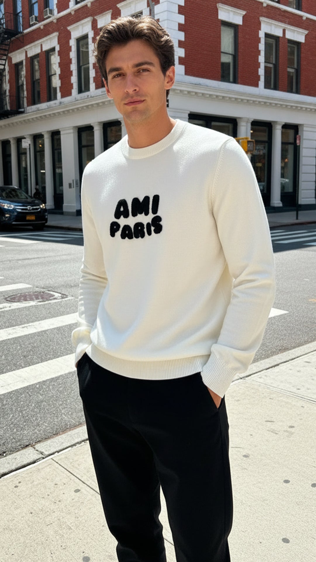 Ami Paris Erkek Beyaz Logo Yazılı Triko Kazak