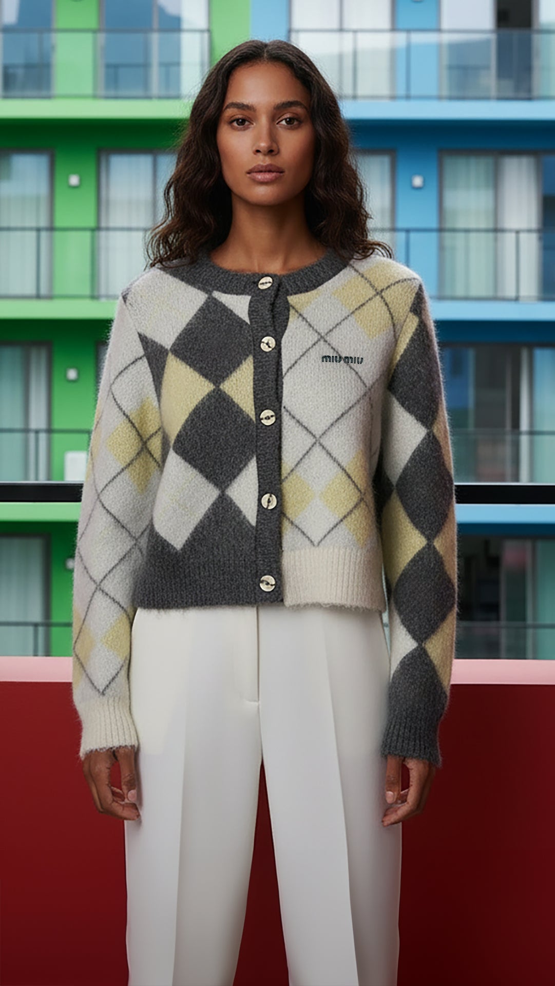 Miu Miu Kadın Ekose Desenli Yumuşak Dokulu Crop Hırka