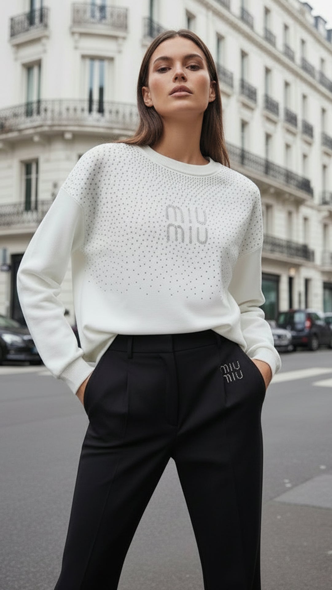 Miu Miu Kadın Taş İşlemeli Logo Sweat & Pantolon Takım