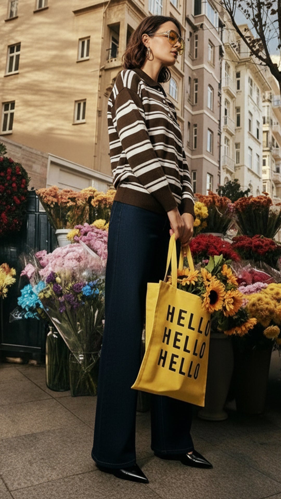 Prada Kadın Kahverengi Çizgili Polo Yaka Triko