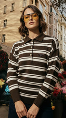 Prada Kadın Kahverengi Çizgili Polo Yaka Triko