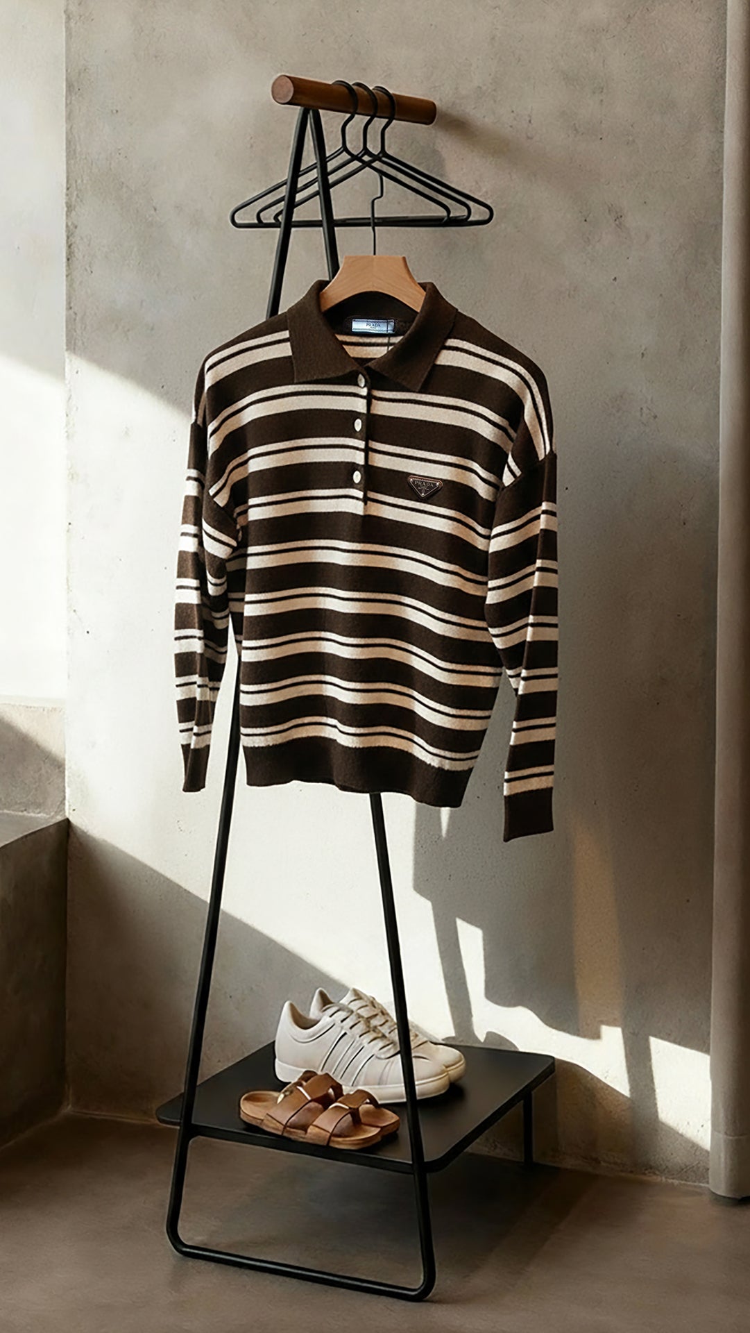 Prada Kadın Kahverengi Çizgili Polo Yaka Triko