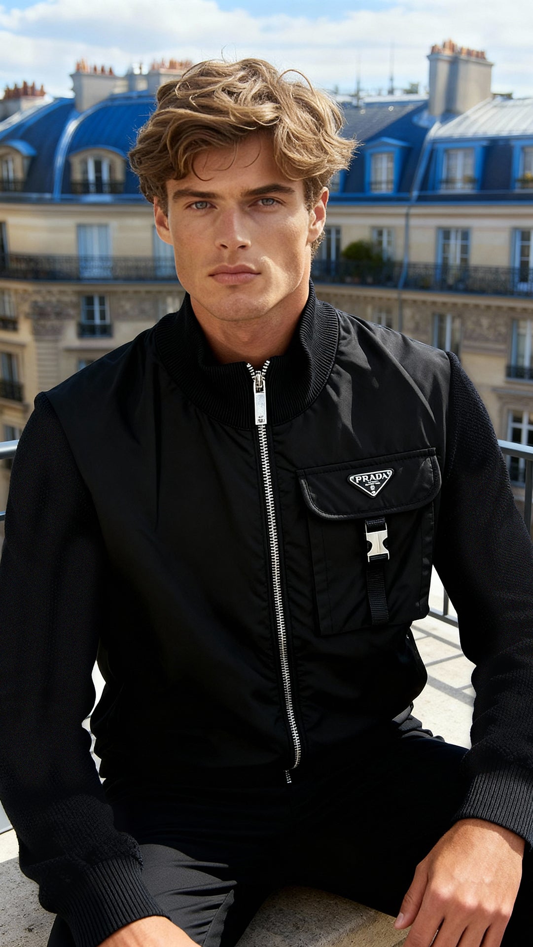 Prada Erkek Siyah Teknik Kumaş Cepli Logo Mont