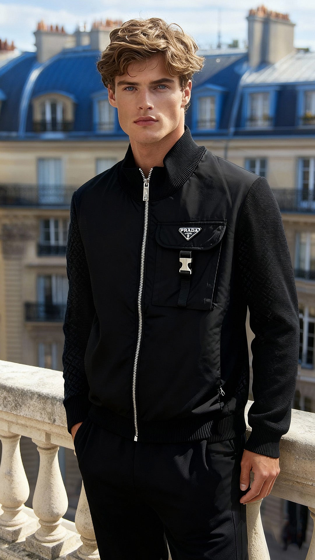 Prada Erkek Siyah Teknik Kumaş Cepli Logo Mont